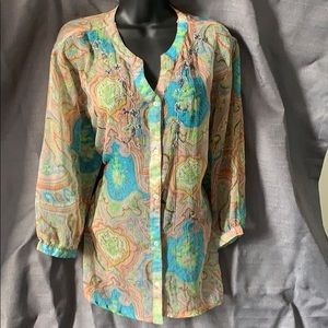 Long sleeve sheer turquoise and green blouse.
